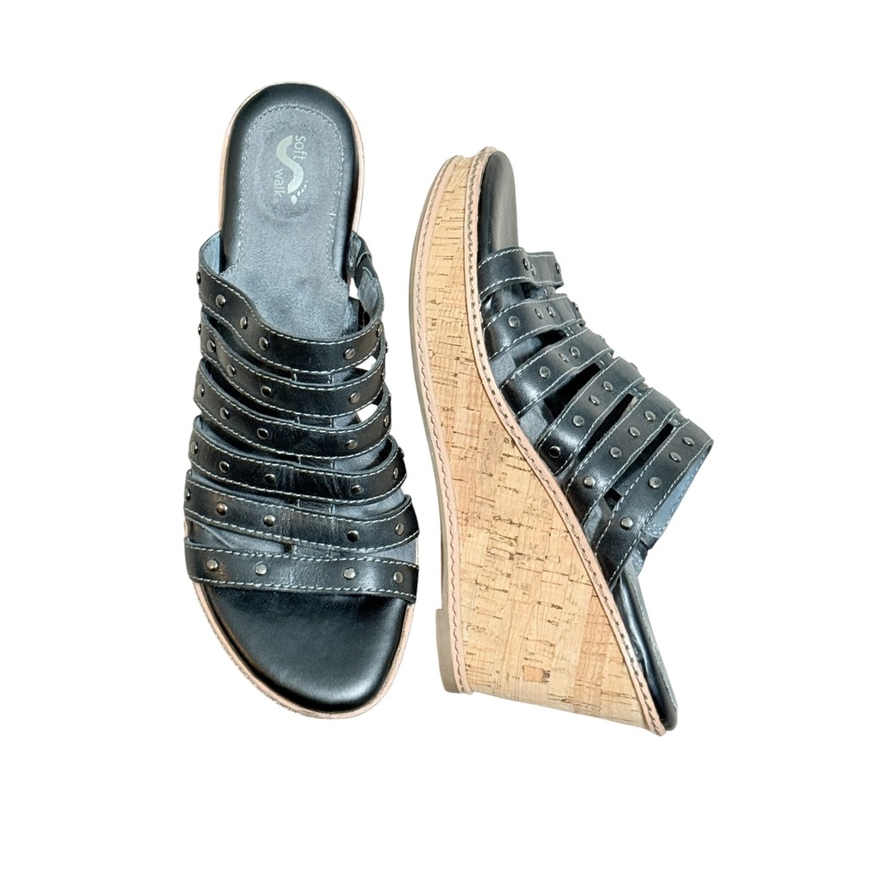 SoftWalk Womens Halsey Black Leather Studded Cork Wedge Slide Sandals Size 9N